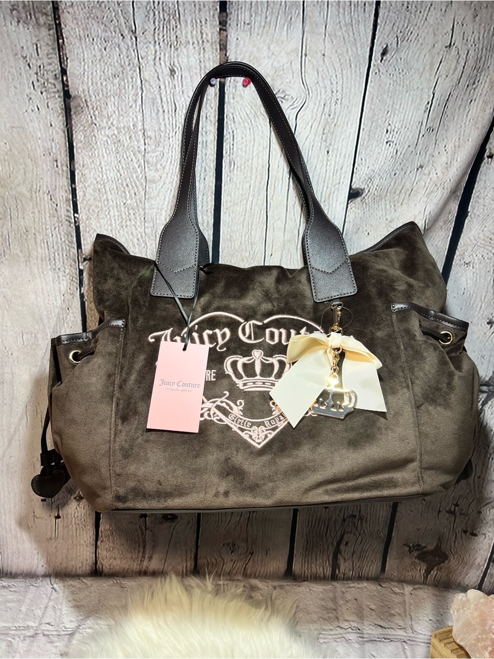 Juicy Couture Olive Green Suede Tote with Bow Charm